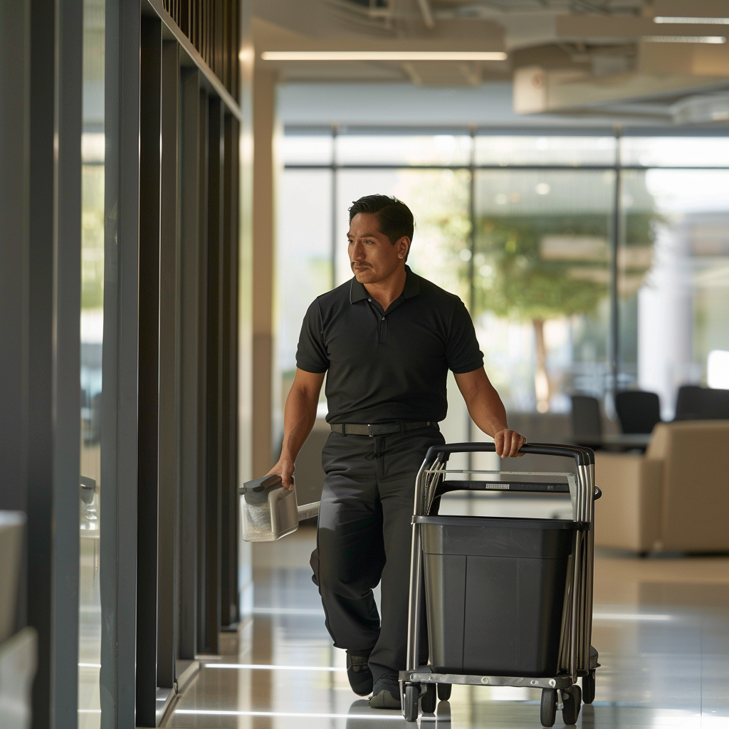 Day porter cleaning lobby during business hours