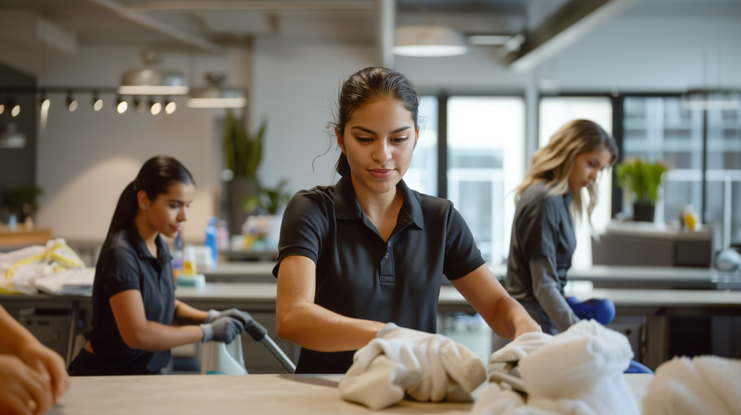 Professional janitorial team with woman wiping a desk in the foreground