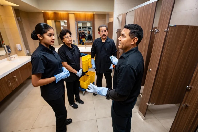 Mopping locker room and restroom floors