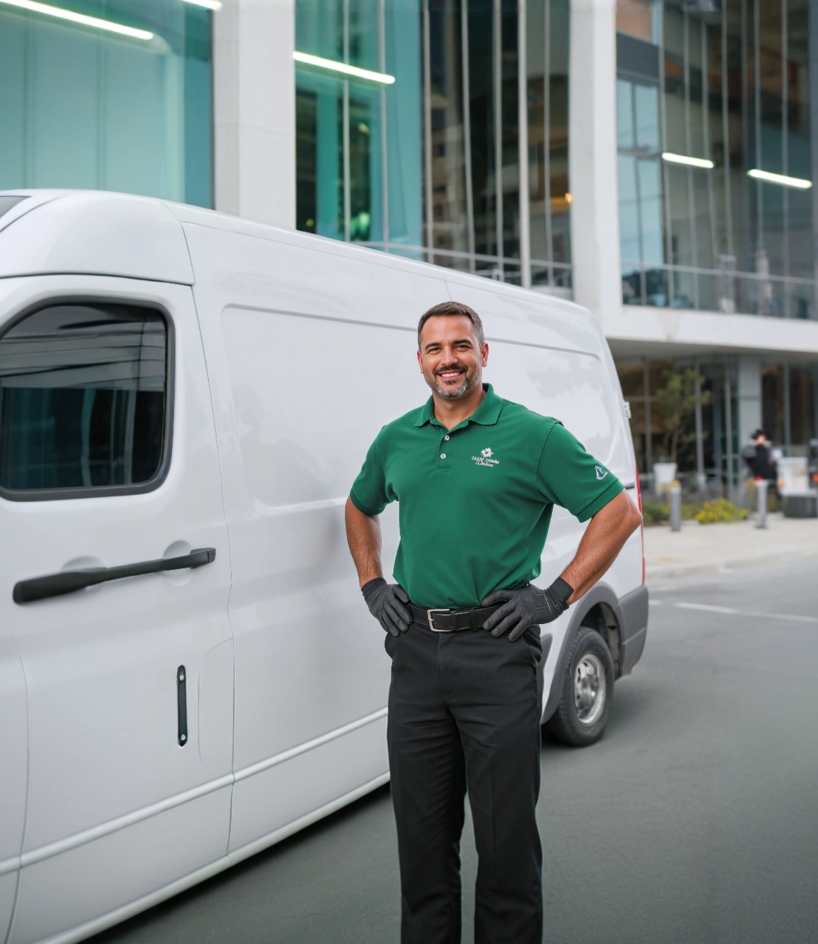 Janitor outside of building in front of van