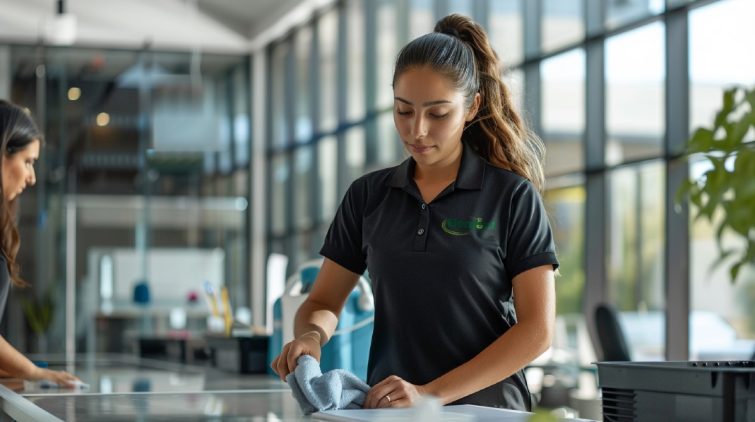 ECS cleaner wiping down counter with Element logo